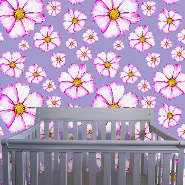Papel Pintado Elegante acuarela Flores de Cosmos Blanco Rosa (Subido por el creador)