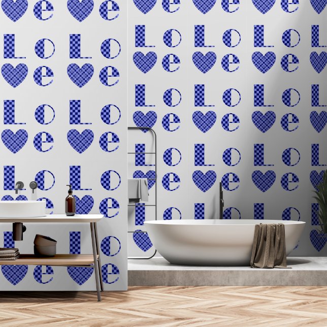 Papel Pintado Elegante Blue Checkered Love Hearts Typography Art (Baño)