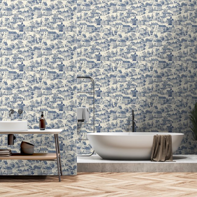 Papel Pintado Elegante Blue Toile de Jouy Village Peel & Stick (Baño)