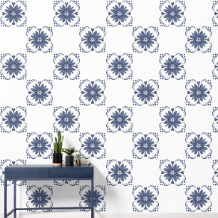Papel Pintado Elegante Blue White Watercolor Tile Mediterráneo