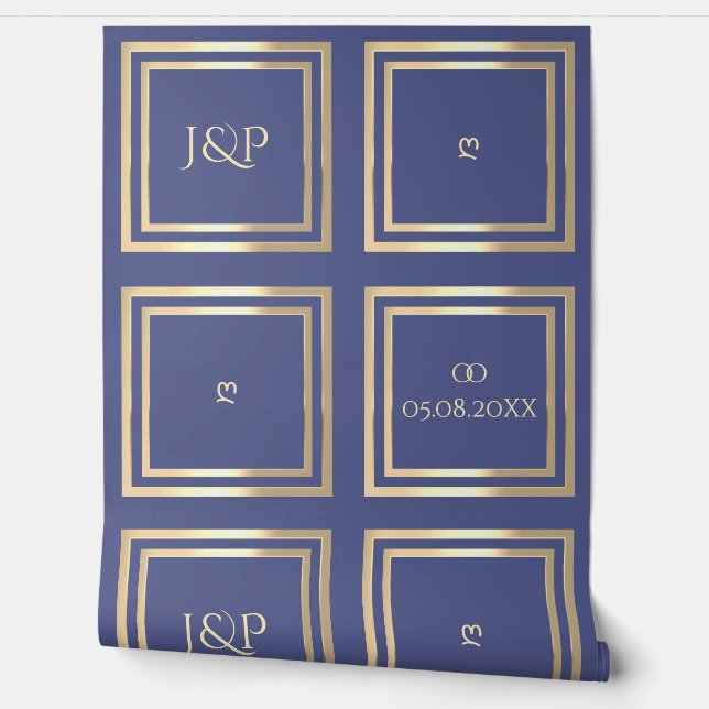 Papel Pintado Elegante boda de fondo de monograma dorado azul (Desenrollar)