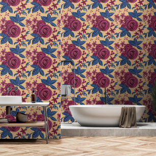 Papel Pintado Elegante Burgundy Naval Floral Acuarela