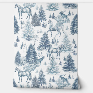 Papel Pintado Elegante caballo azul vintage en tela de los bosqu