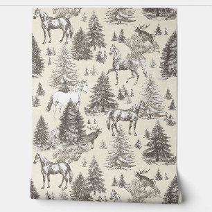 Papel Pintado Elegante caballo beige vintage en tela de bosques