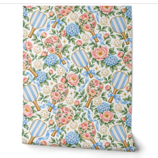 Papel Pintado Elegante Chic Costero Pickleball Azul y Rosa Claro
