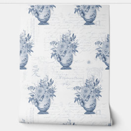 Papel Pintado Elegante Chinoiserie Inglés Floral Azul y Blanco