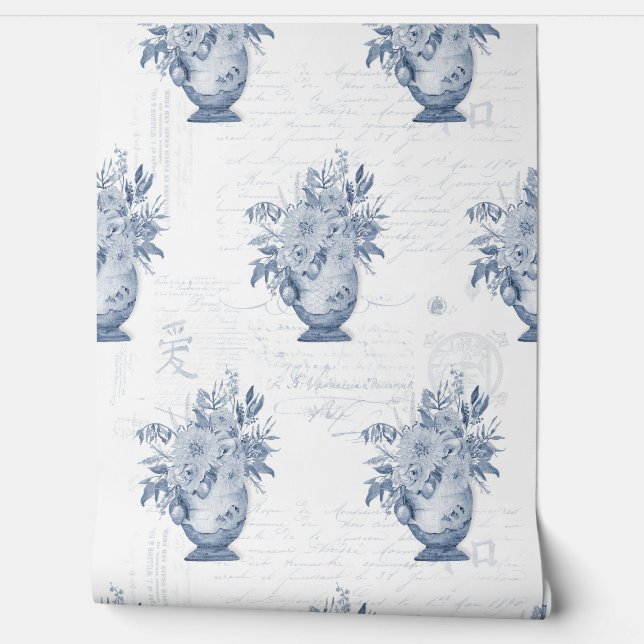 Papel Pintado Elegante Chinoiserie Inglés Floral Azul y Blanco (Desenrollar)