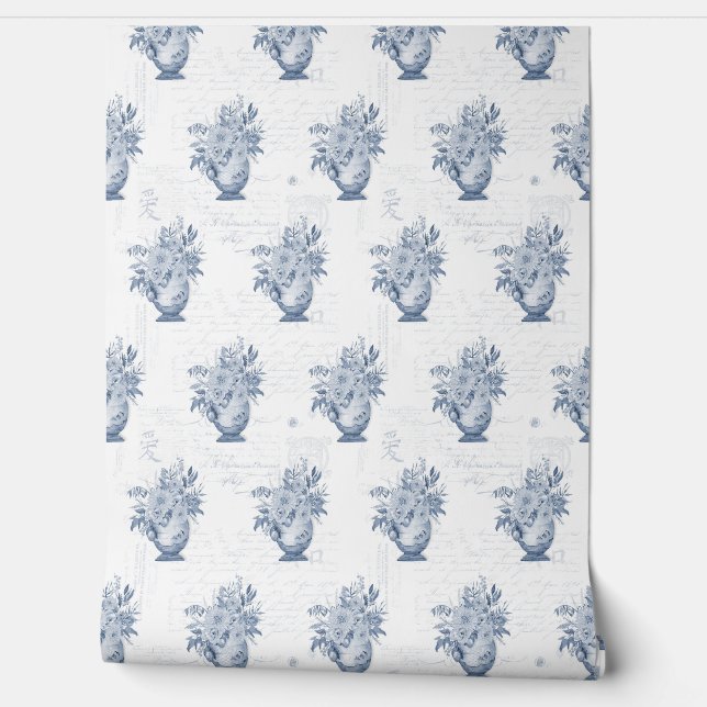 Papel Pintado Elegante Chinoiserie Inglés Floral Azul y Blanco (Desenrollar)