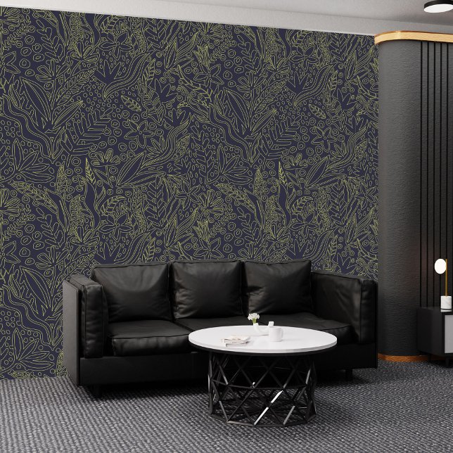 Papel Pintado Elegante cielo nocturno con flores de oro: Peel y  (Elegant Night Sky with Gold Flowers: Peel & Stick Wallpaper)