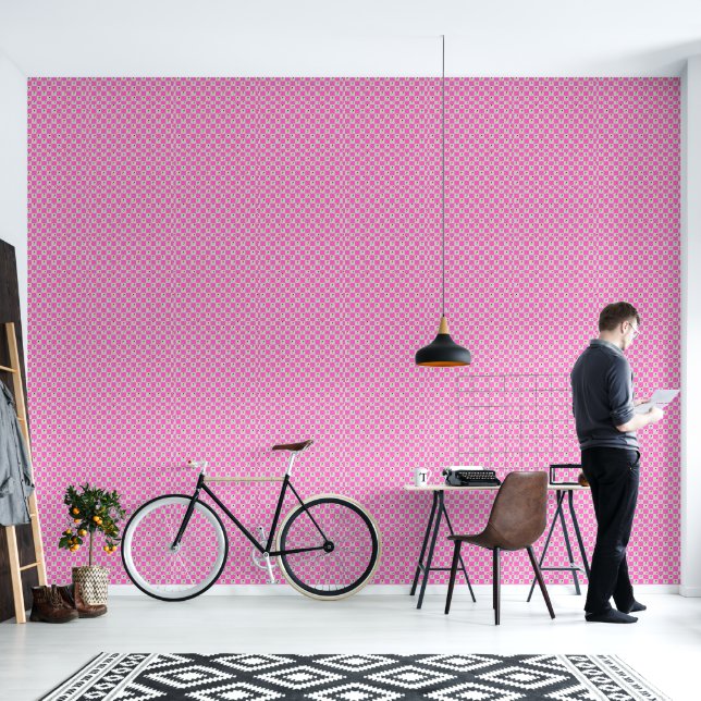 Papel Pintado Elegante Cuadro Rosa y Blanco con Flor (Sala de estar)
