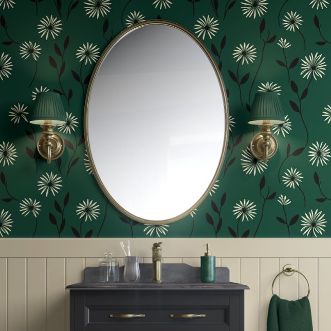 Papel Pintado Elegante Daisy Meadow Forest Green & Ivory - Moder (Elegant Daisy Meadow - Forest Green and Ivory - Modern Peel and Stick Wallpaper)