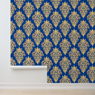 Papel Pintado Elegante Damasco azul y oro clásico