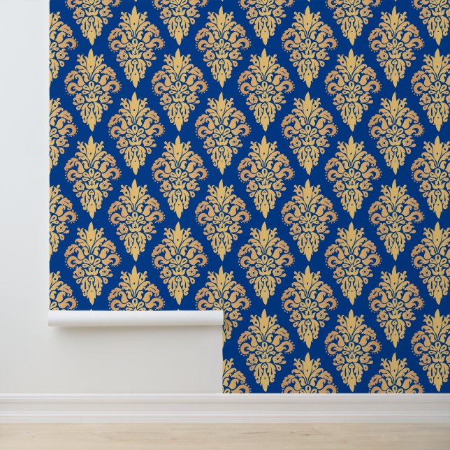Papel Pintado Elegante Damasco azul y oro clásico (Solicitud)