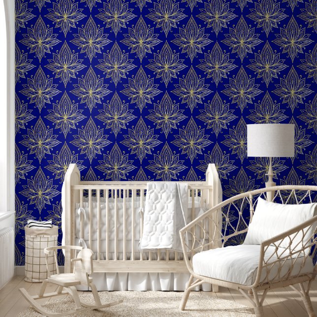 Papel Pintado Elegante Damasco azul y oro Lotus (Niños)
