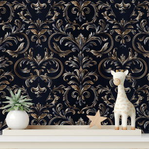Papel Pintado Elegante damasco negro y dorado despegar y pegar