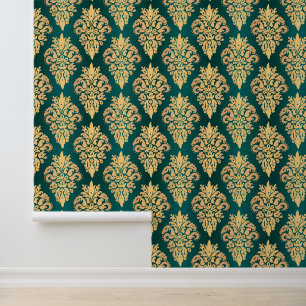 Papel Pintado Elegante Damasco Verde y Oro Clásico