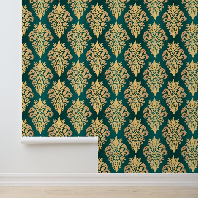 Papel Pintado Elegante Damasco Verde y Oro Clásico (Solicitud)