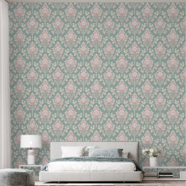 Papel Pintado Elegante Damasco verde y rosa de época