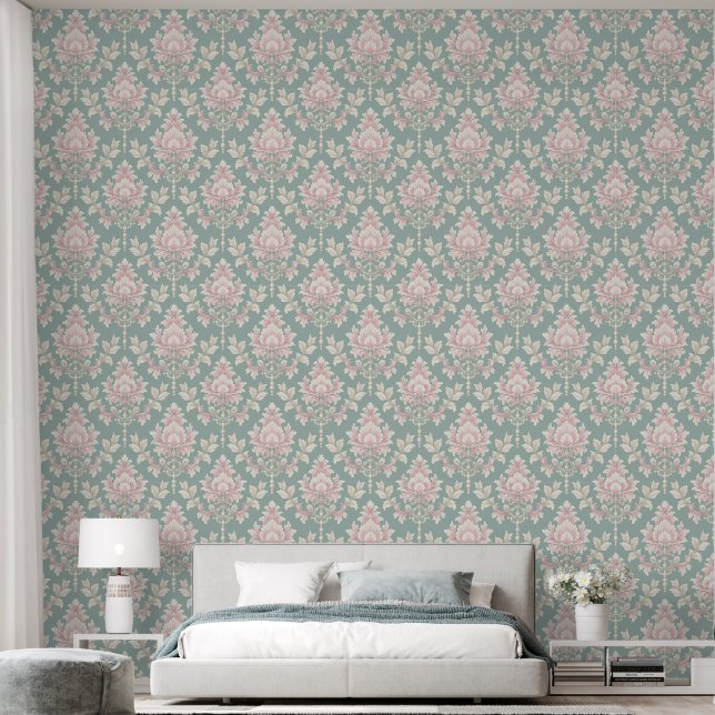 Papel Pintado Elegante Damasco verde y rosa de época (Dormitorio)