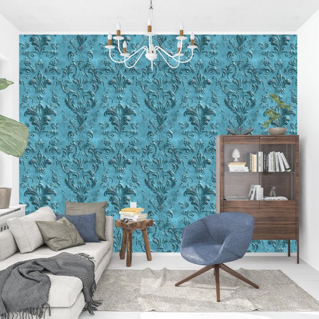 Papel Pintado Elegante Damask Oscuro Turquesa Barroco (Elegant Damask Dark Turquoise Baroque Wallpaper)