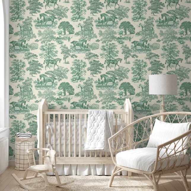 Papel Pintado Elegante Elegante Rústico Sage Green Horse Toile (Niños)