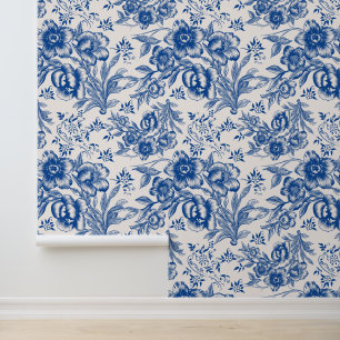 Papel Pintado Elegante estampado floral de chinoiseries azules y