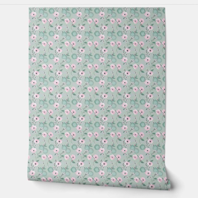 Papel Pintado Elegante estilo floral moderno rosa y verde (Desenrollar)