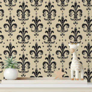 Papel Pintado Elegante Fleur de Lis Negro Crema Pelar y Pegar