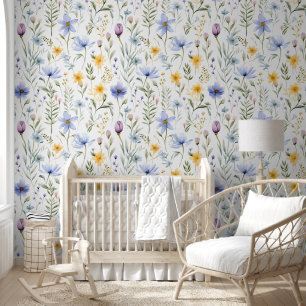 Papel Pintado Elegante Flor Silvestre Acuarela Azul Púrpura