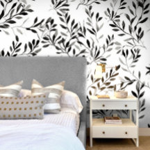 Elegante Floral de Hoja Moderna Blanco Negro