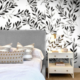 Papel Pintado Elegante Floral de Hoja Moderna Blanco Negro