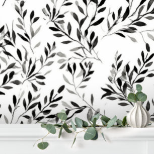 Papel Pintado Elegante Floral de Hoja Moderna Blanco Negro