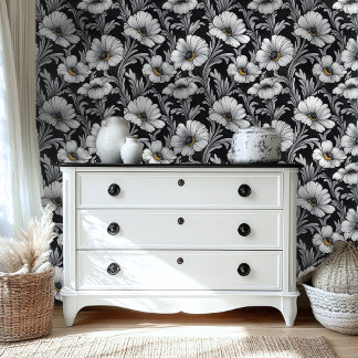 Papel Pintado Elegante Floral Monocromo de Margarita en Blanco y