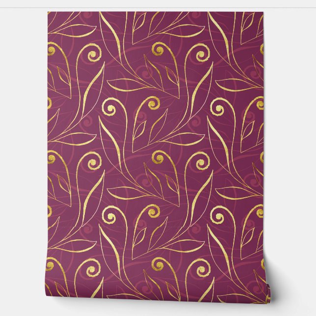 Papel Pintado Elegante Foliage Gold & Burgundy y con clase Swirl (Desenrollar)