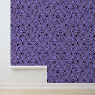 Papel Pintado Elegante Foliage & Swirls Moda Clásico Negro Púrpu