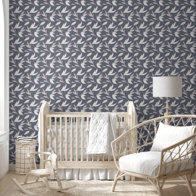 Papel Pintado Elegante Gris Leafy Moderno Botánico (Niños)
