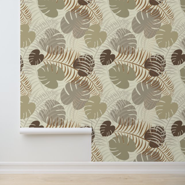 Papel Pintado Elegante hoja botánica con estampado marrón, beige (Solicitud)