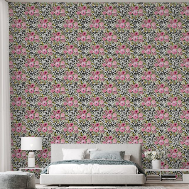Papel Pintado Elegante impresión de leopardo y diseño floral (Dormitorio)