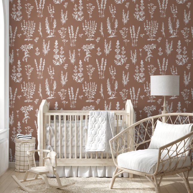 Papel Pintado Elegante Jardín de hierbas de época Mocha Brown (Niños)