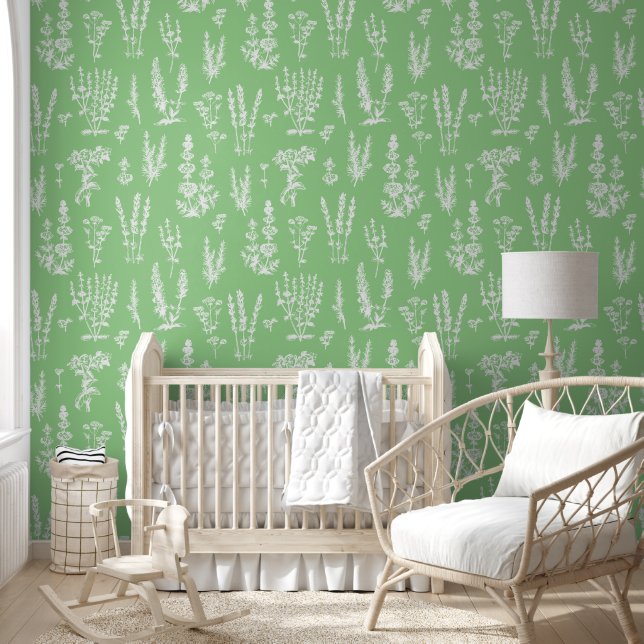 Papel Pintado Elegante jardín herbal vintage Sage Green (Niños)