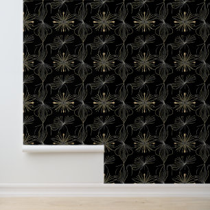 Papel Pintado Elegante línea floral arte sobre fondo negro