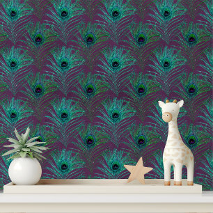 Papel Pintado Elegante Moda de plumas de pavo real Purpurina púr
