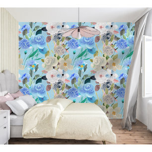 Papel Pintado Elegante Moderno Whimsical Floral Stripes Azul cla