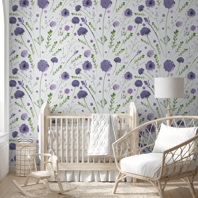 Papel Pintado Elegante Morado Acuarela Floral (Elegant Purple Watercolor Floral Wallpaper from Studio Posies.)