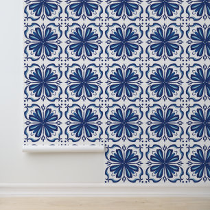 Papel Pintado Elegante mosaico mediterráneo florido azul y blanc