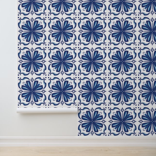 Papel Pintado Elegante mosaico mediterráneo florido azul y blanc (Solicitud)