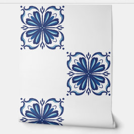 Papel Pintado Elegante mosaico mediterráneo florido azul y blanc