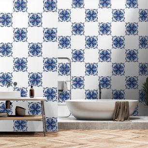Papel Pintado Elegante mosaico mediterráneo florido azul y blanc