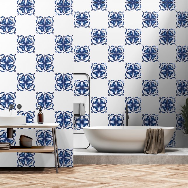 Papel Pintado Elegante mosaico mediterráneo florido azul y blanc (Baño)