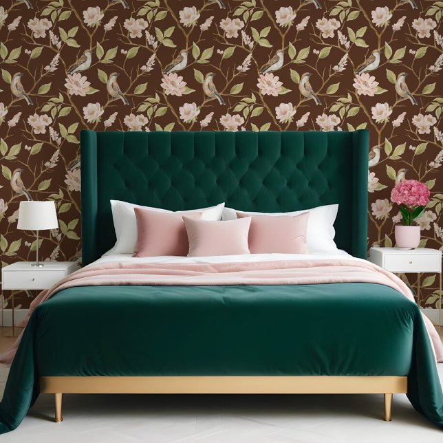 Papel Pintado Elegante pájaro de pintura de aceite y floral rosa (Elegant Oil Painting Bird & Branch Pink Floral Wallpaper)